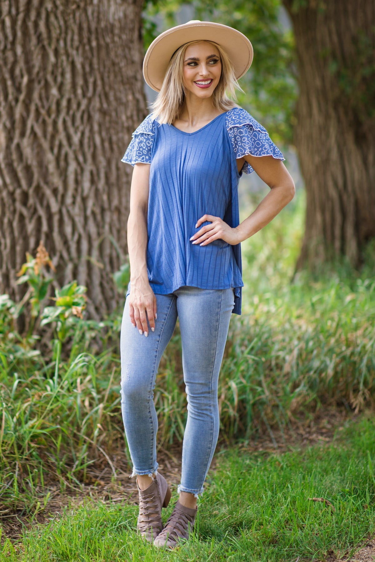 Dusty Blue Rib Knit Lace Sleeve V-Neck Top - Filly Flair