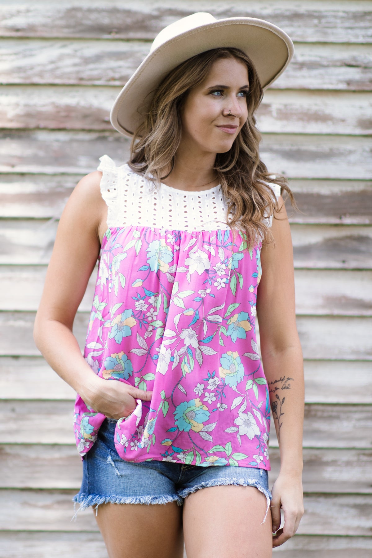 Pink Multicolor Floral Tank with Eyelet Yoke - Filly Flair