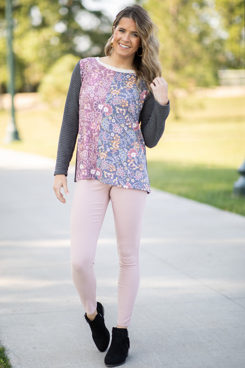 Charcoal Multicolor Paisley Floral Print Top - Filly Flair