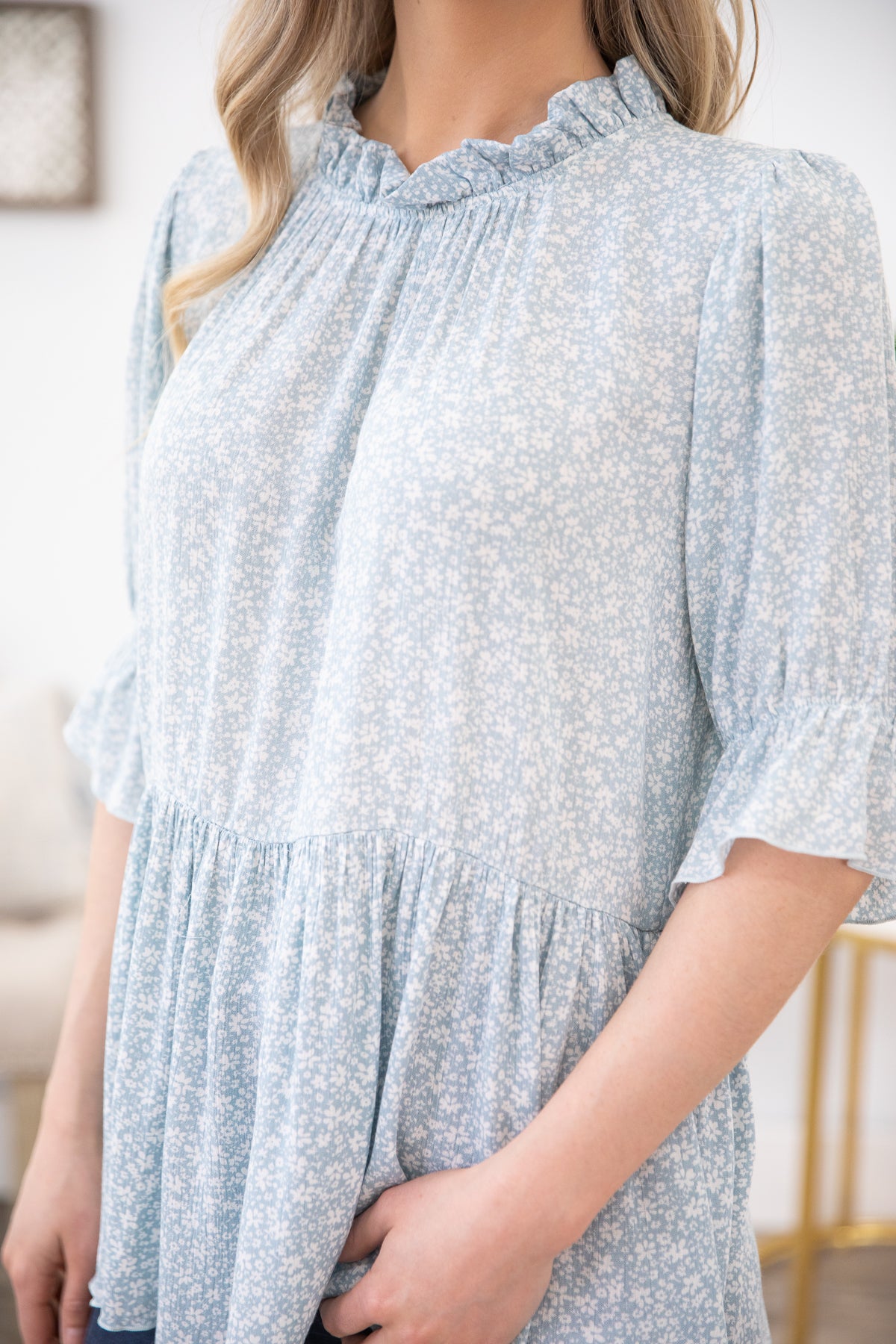 Pastel Blue Ditsy Floral Babydoll Top - Filly Flair