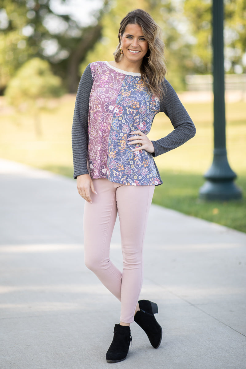 Charcoal Multicolor Paisley Floral Print Top - Filly Flair