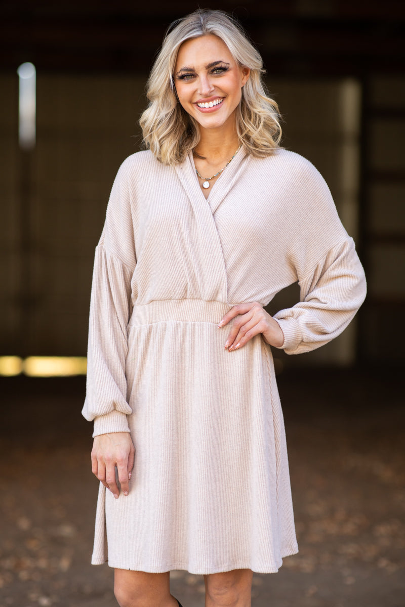 Beige Surplice Front Dolman Sleeve Dress - Filly Flair