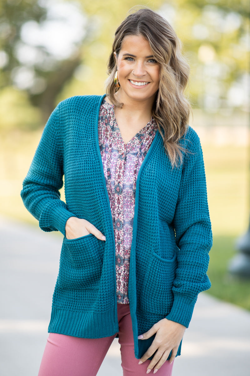 Teal Waffle Knit Cardigan With Pockets - Filly Flair