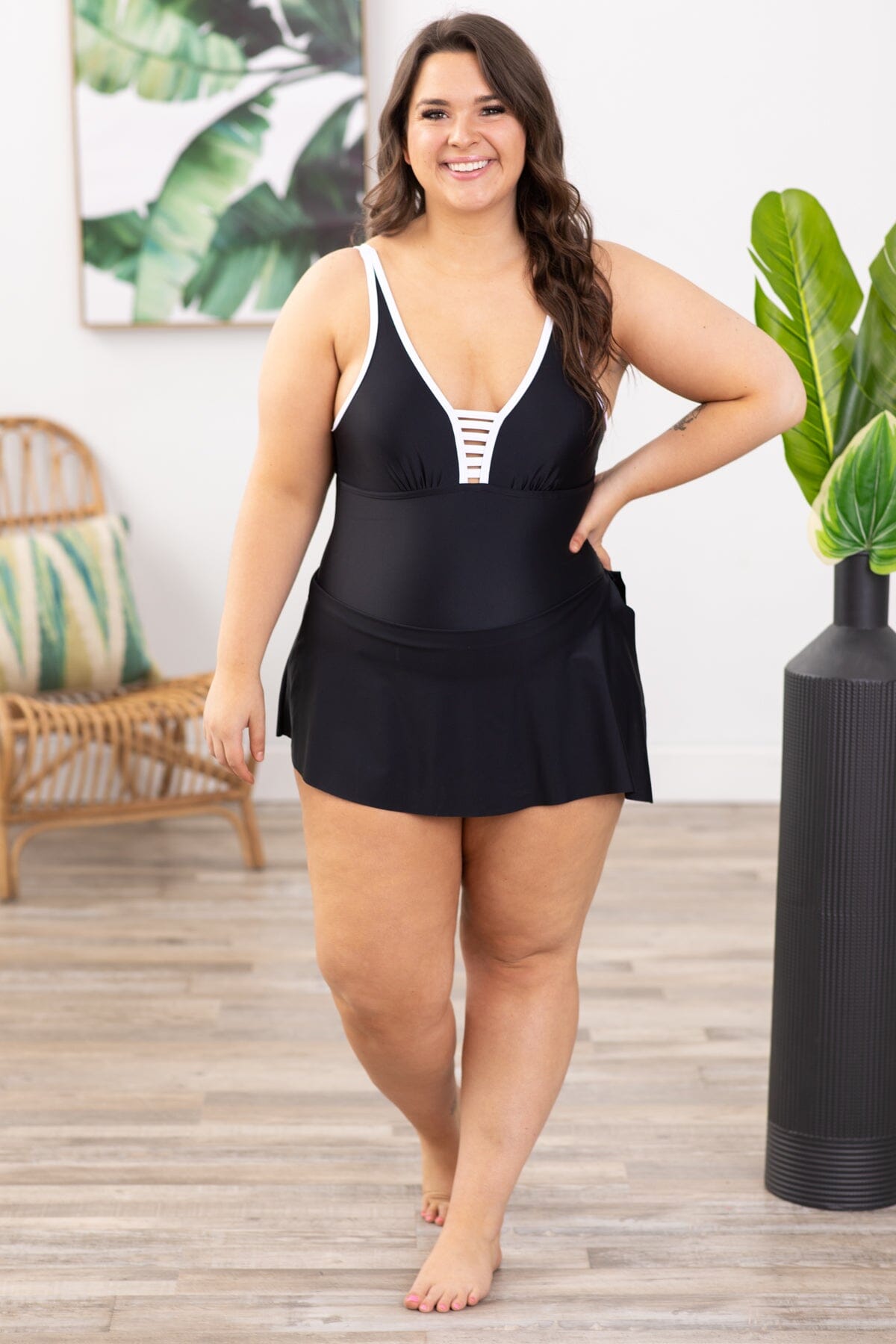 Black and White One Piece Swimsuit with Skirt - Filly Flair