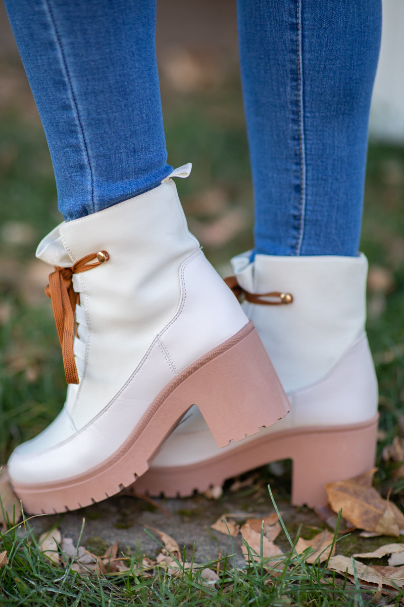 Ivory and Tan Lace Up Lug Sole Boots - Filly Flair