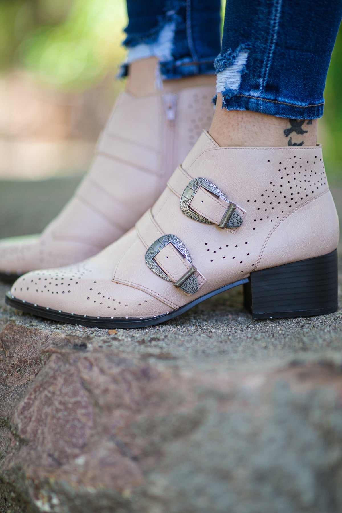 Beige Perforated Detail Booties With Buckles - Filly Flair