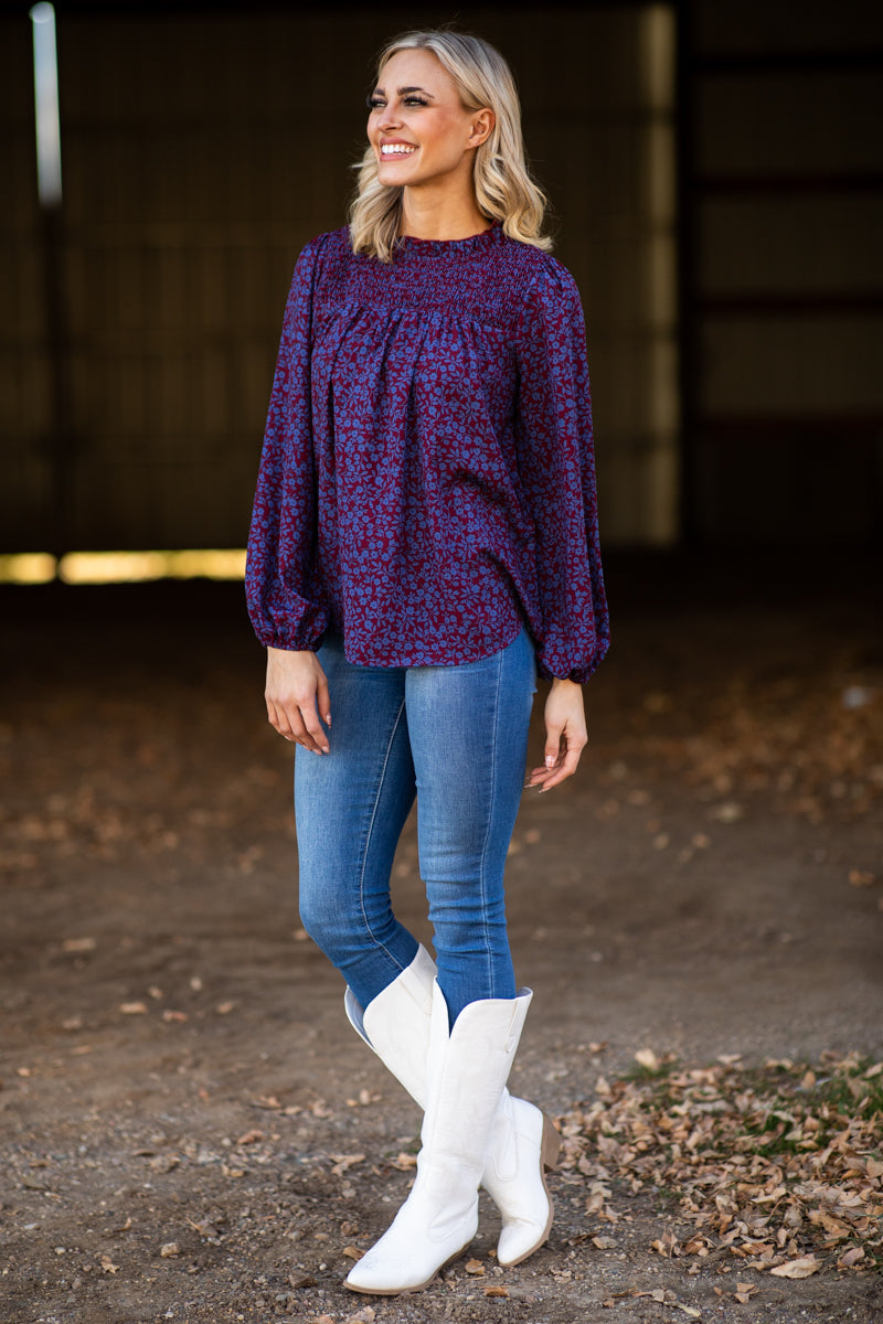 Burgundy and Blue Smocked Floral Print Top - Filly Flair