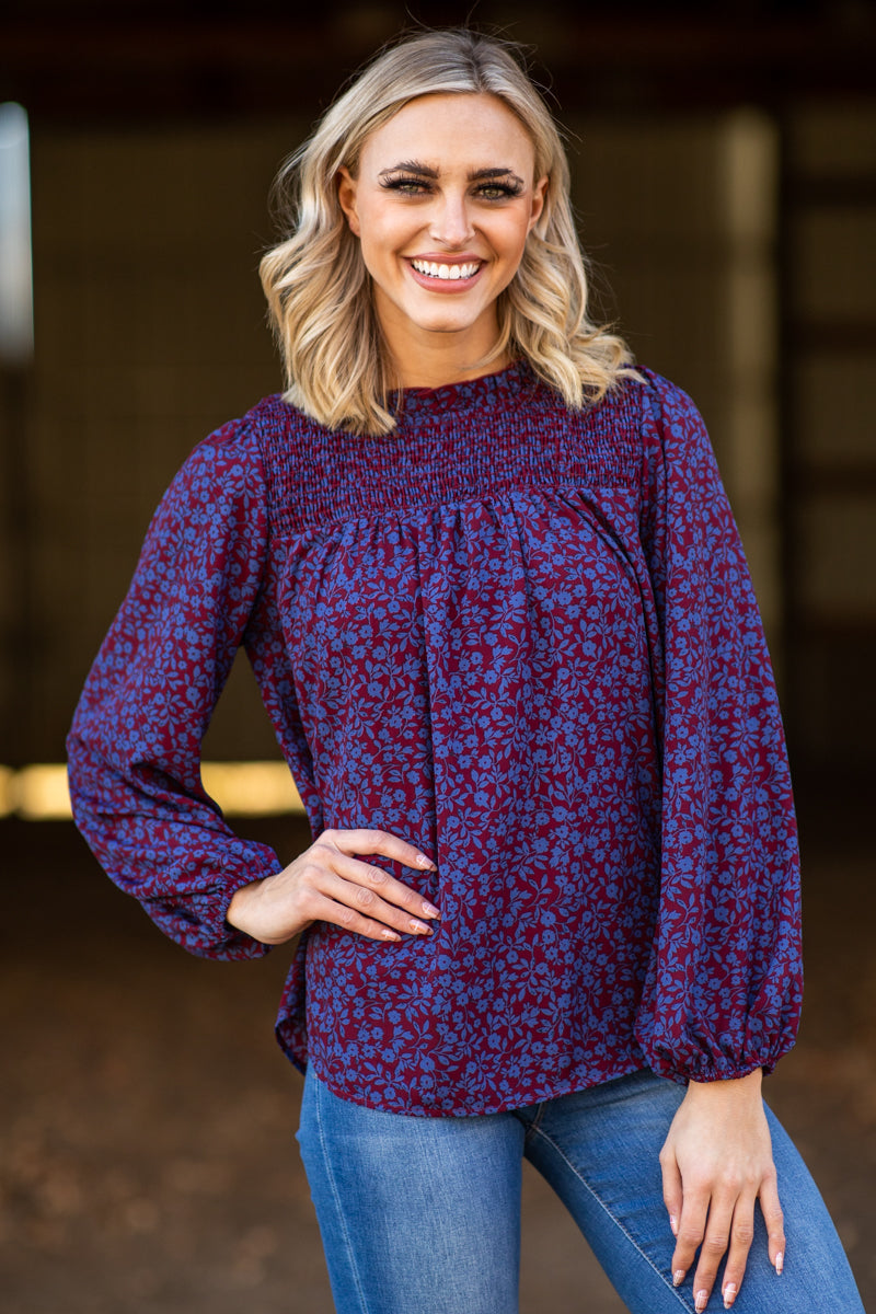 Burgundy and Blue Smocked Floral Print Top - Filly Flair