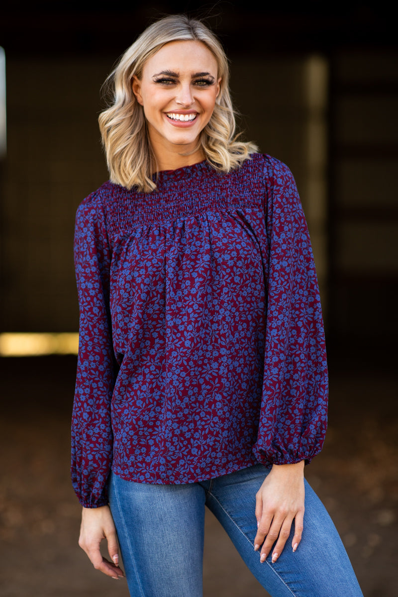 Burgundy and Blue Smocked Floral Print Top - Filly Flair