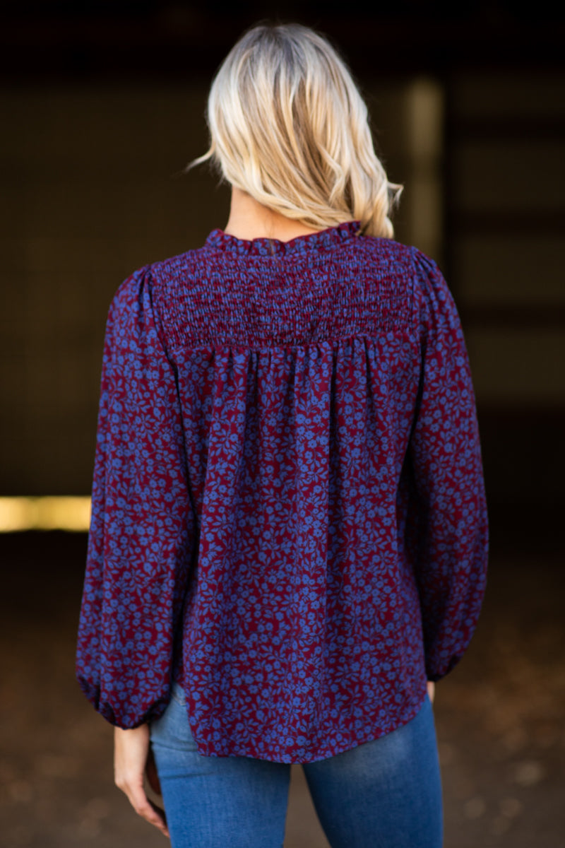 Burgundy and Blue Smocked Floral Print Top - Filly Flair