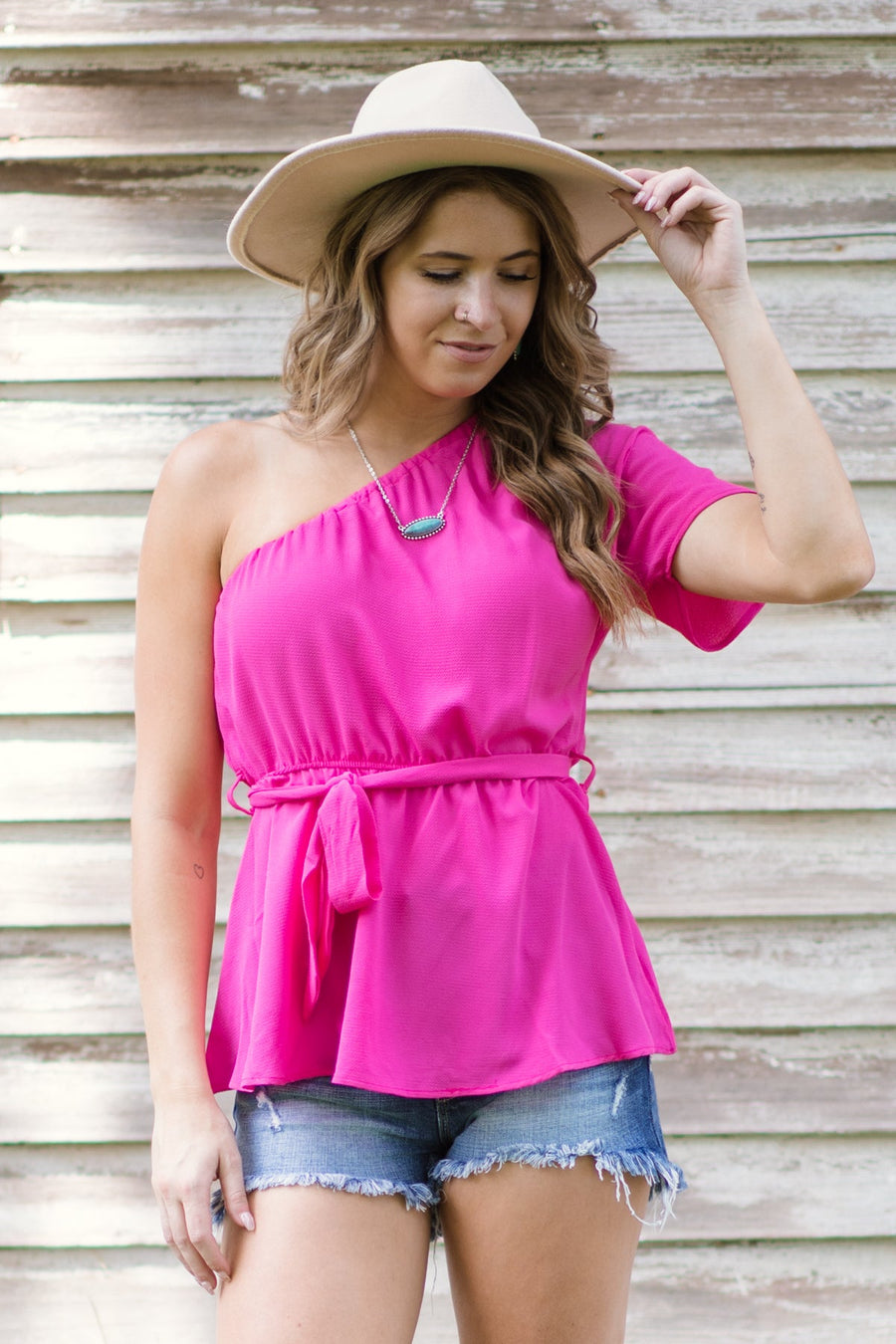 Hot Pink Elastic Waist One Shoulder Top - Filly Flair