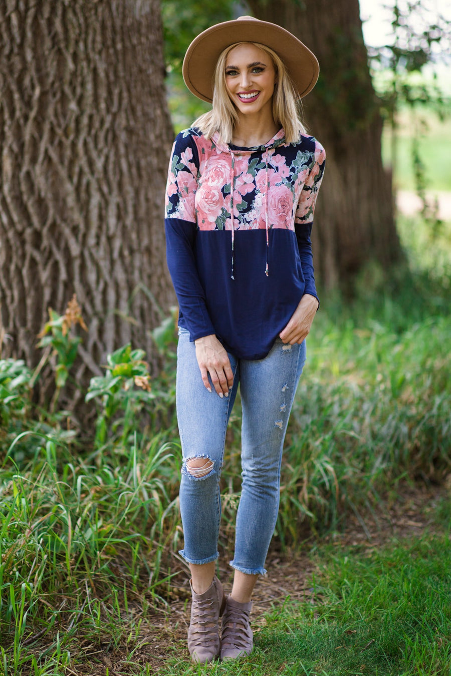 Navy and Dusty Rose Floral Colorblock Top - Filly Flair