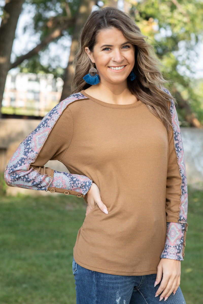 Camel Multicolor Aztec Print Sleeve Top - Filly Flair