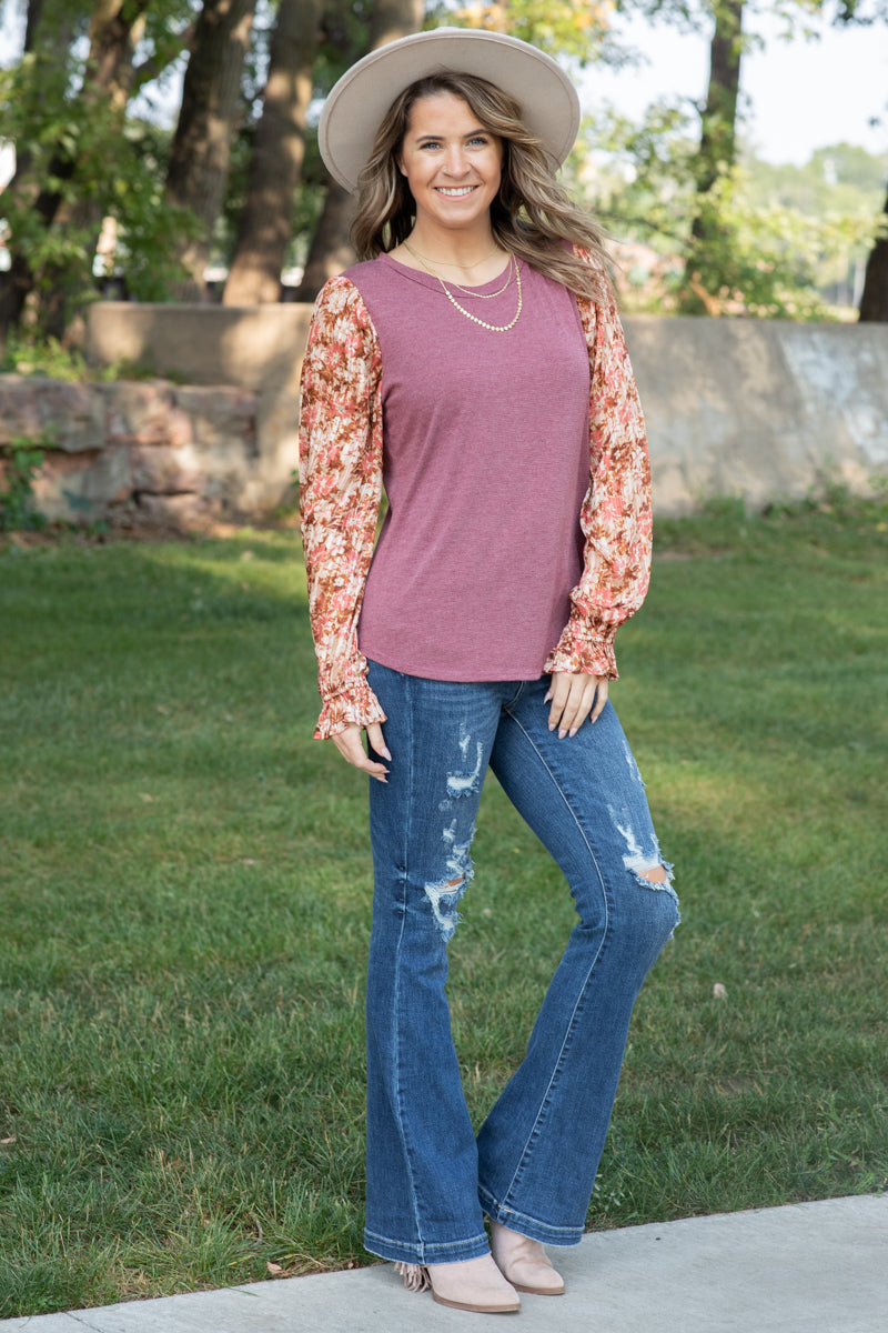 Berry Floral Bubble Sleeve Top - Filly Flair