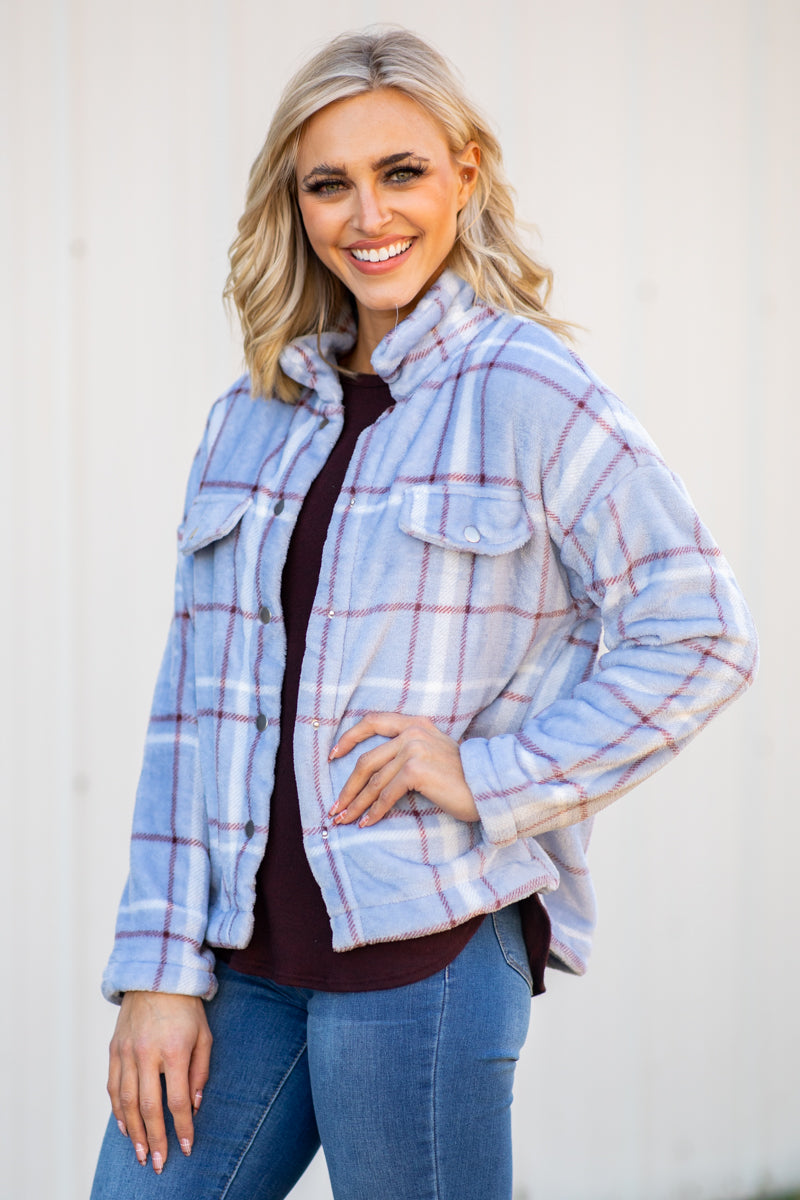 Periwinkle Plaid Fuzzy Plaid Jacket - Filly Flair