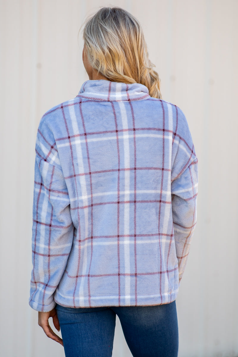 Periwinkle Plaid Fuzzy Plaid Jacket - Filly Flair
