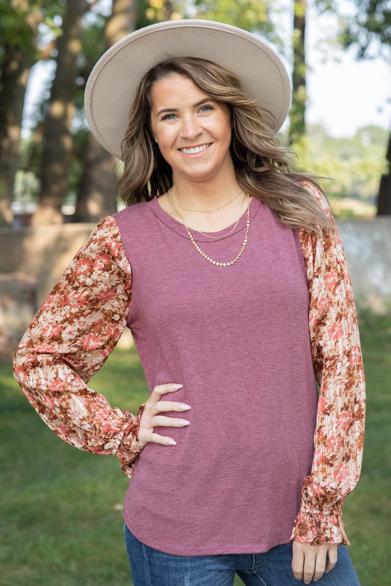 Berry Floral Bubble Sleeve Top - Filly Flair