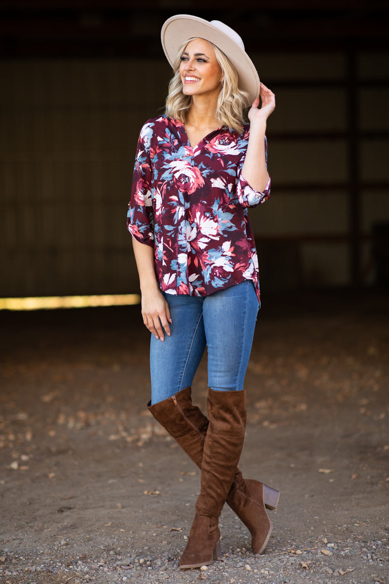 Burgundy and Blue Floral Notch Neck Top - Filly Flair