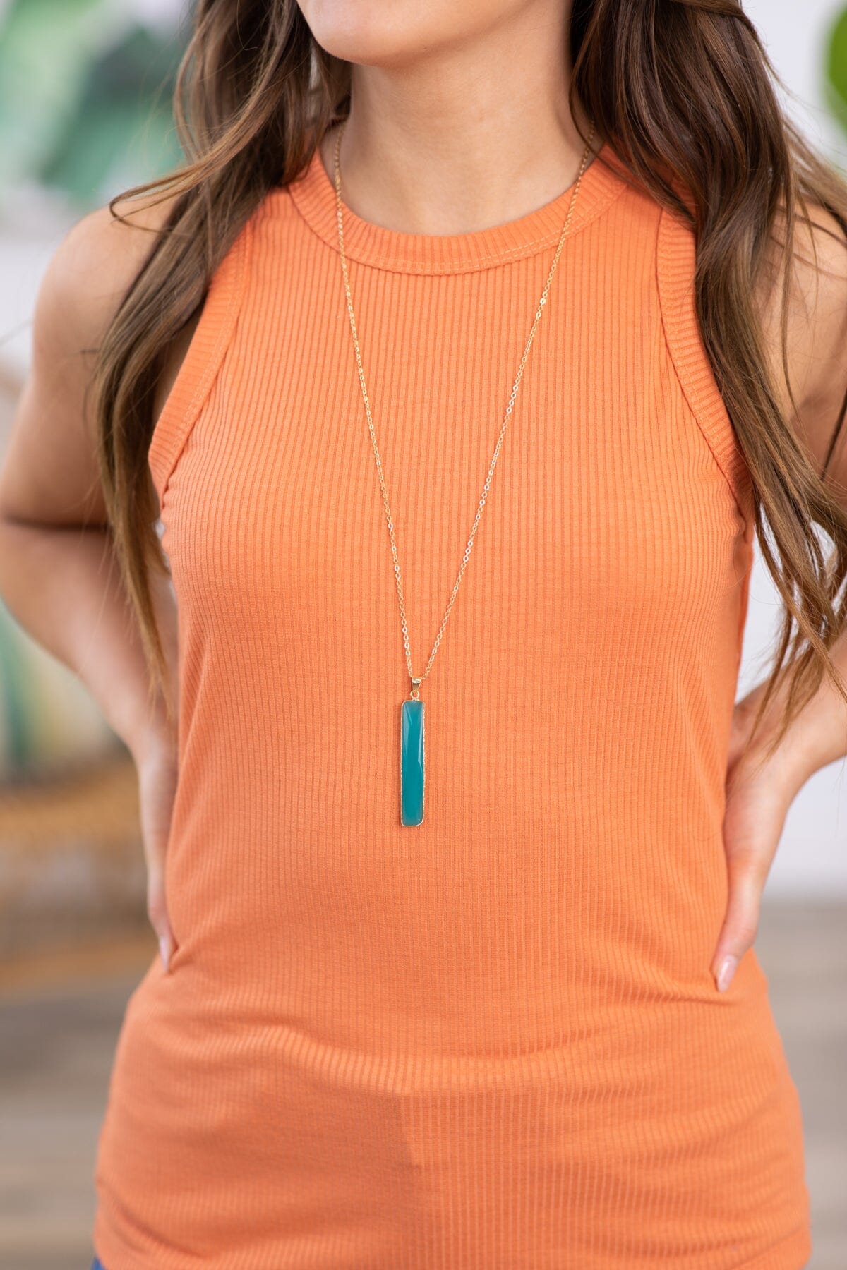 Turquoise and Gold Rectangle Stone Necklace - Filly Flair