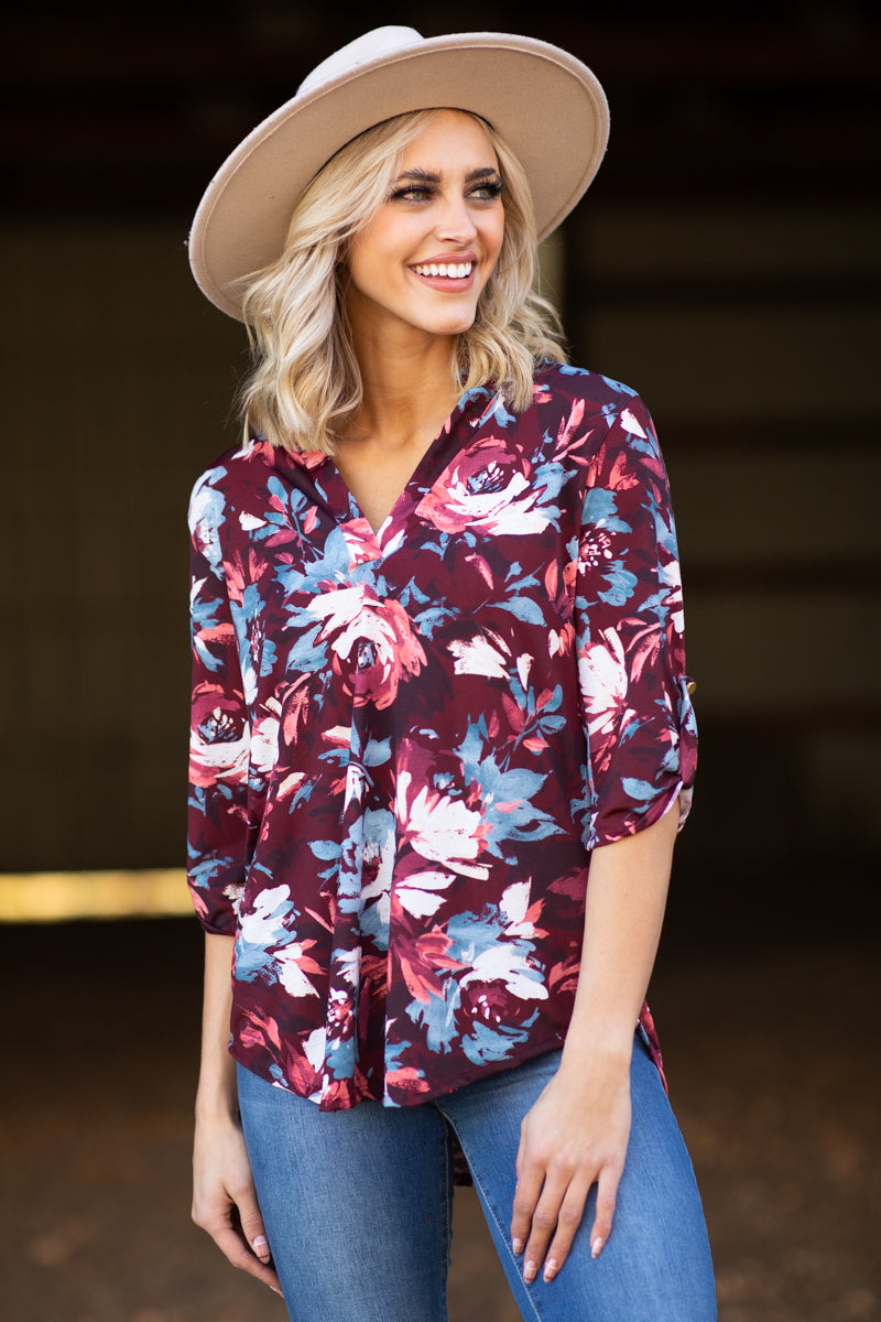 Burgundy and Blue Floral Notch Neck Top - Filly Flair