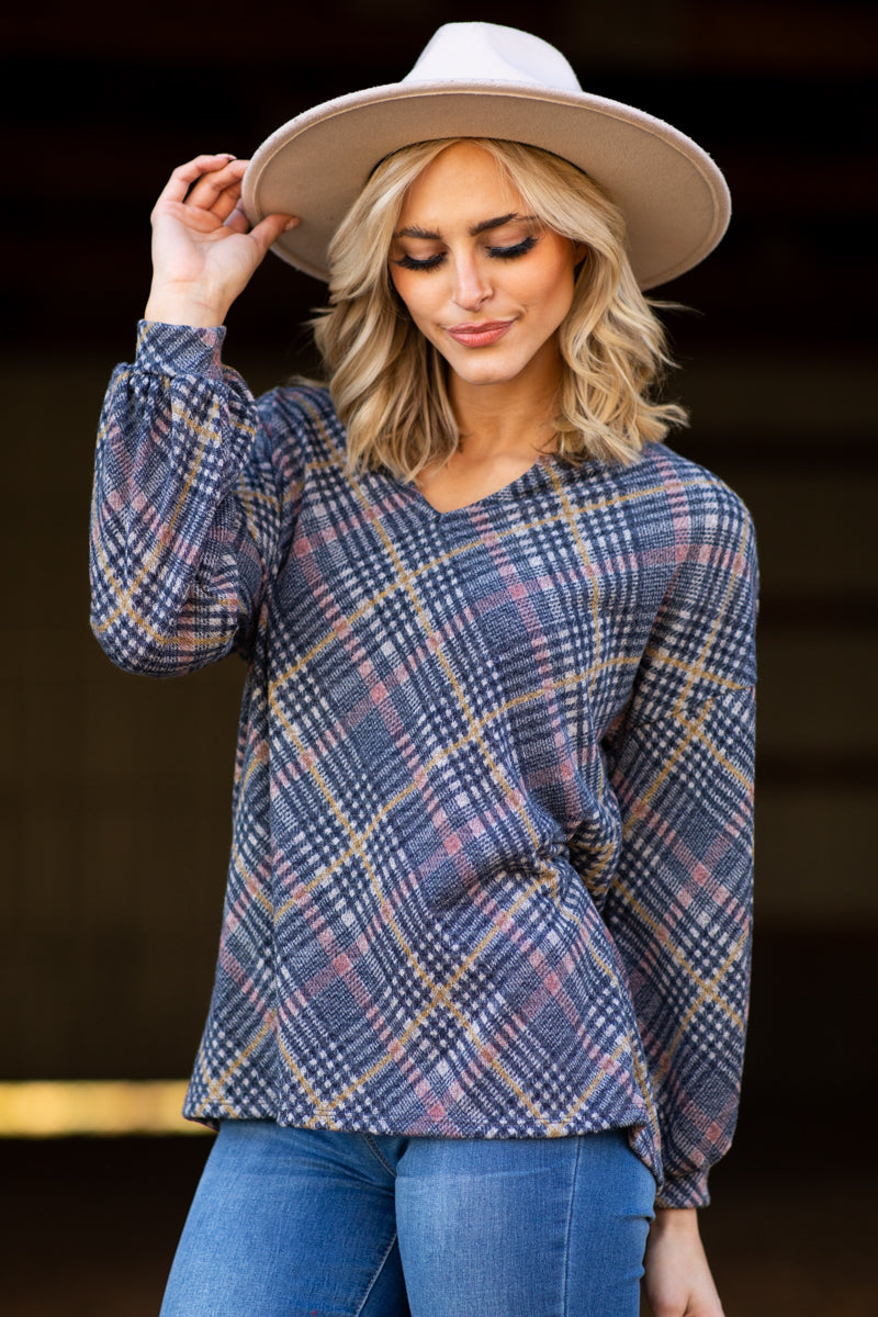 Navy and Cinnamon Plaid V-Neck Top - Filly Flair