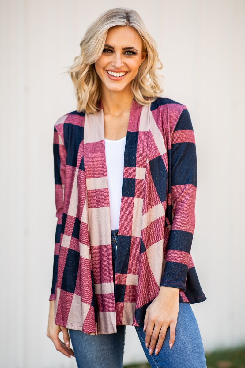 Navy and Wine Plaid Cardigan - Filly Flair