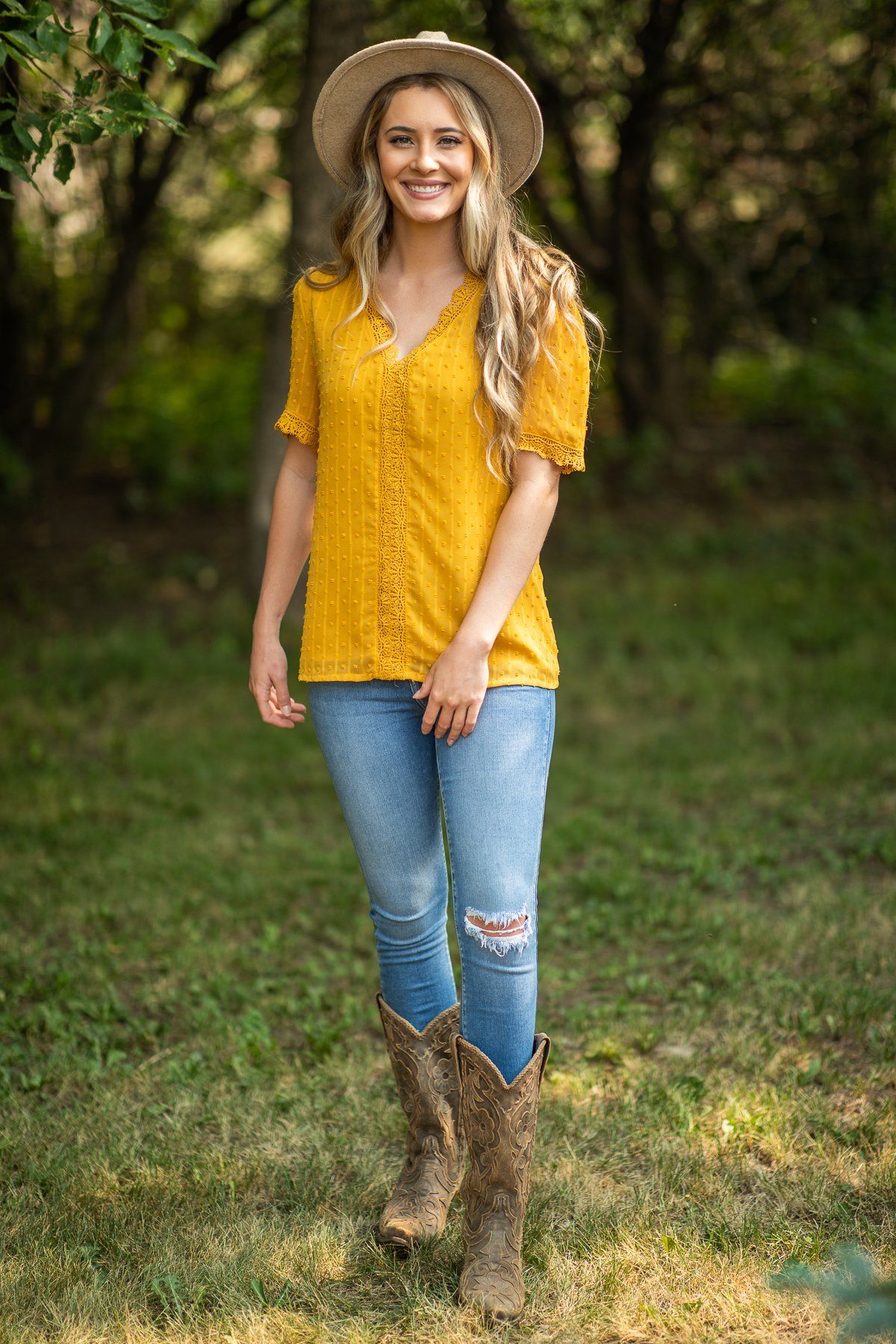 Mustard Lace Trim Swiss Dots Blouse - Filly Flair