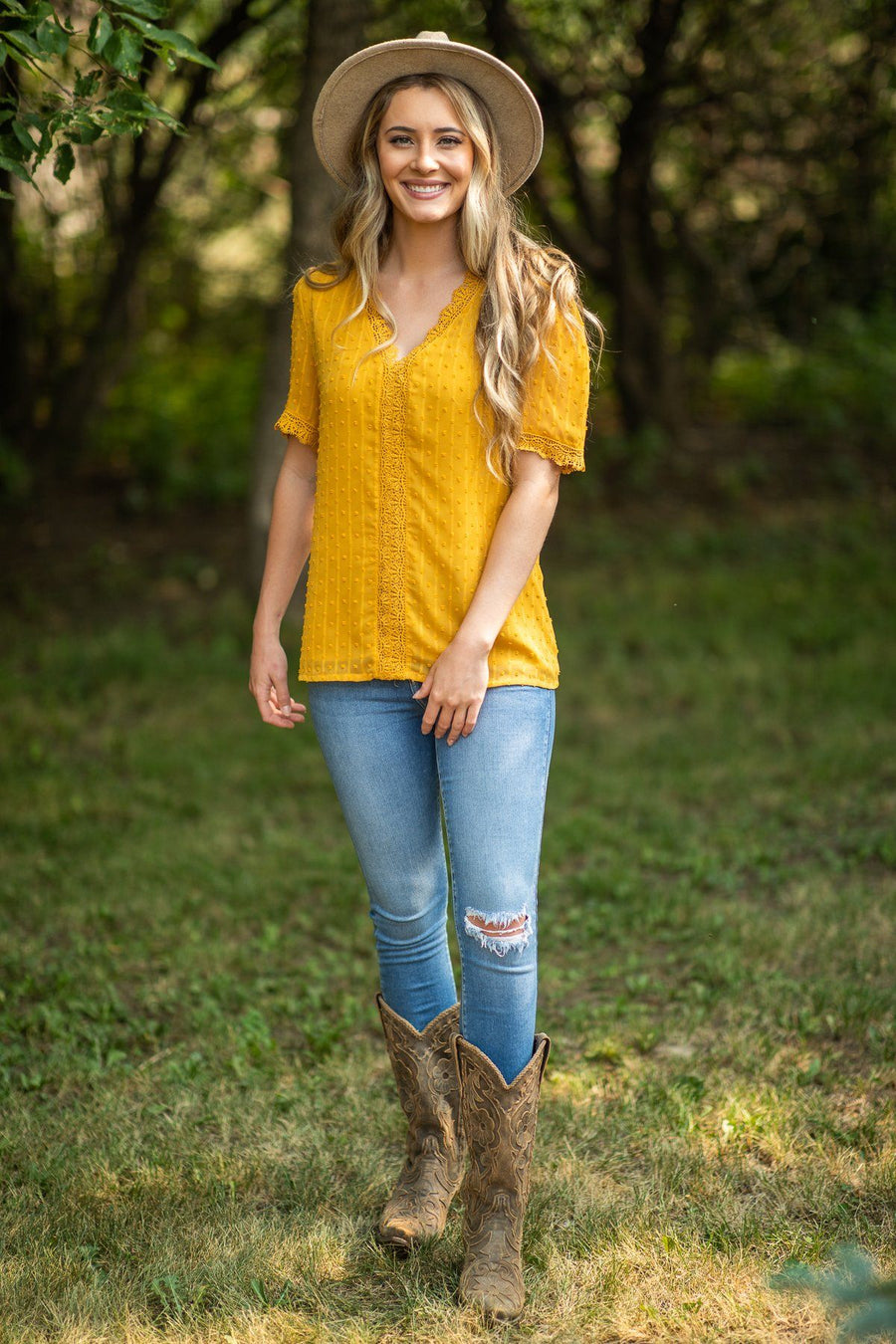 Mustard Lace Trim Swiss Dots Blouse - Filly Flair