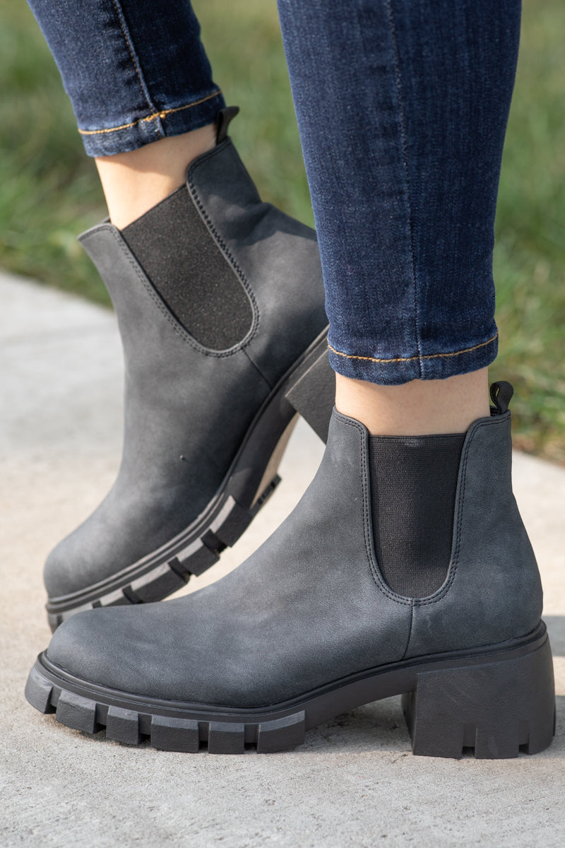 Charcoal Double Gore Lug Sole Booties - Filly Flair