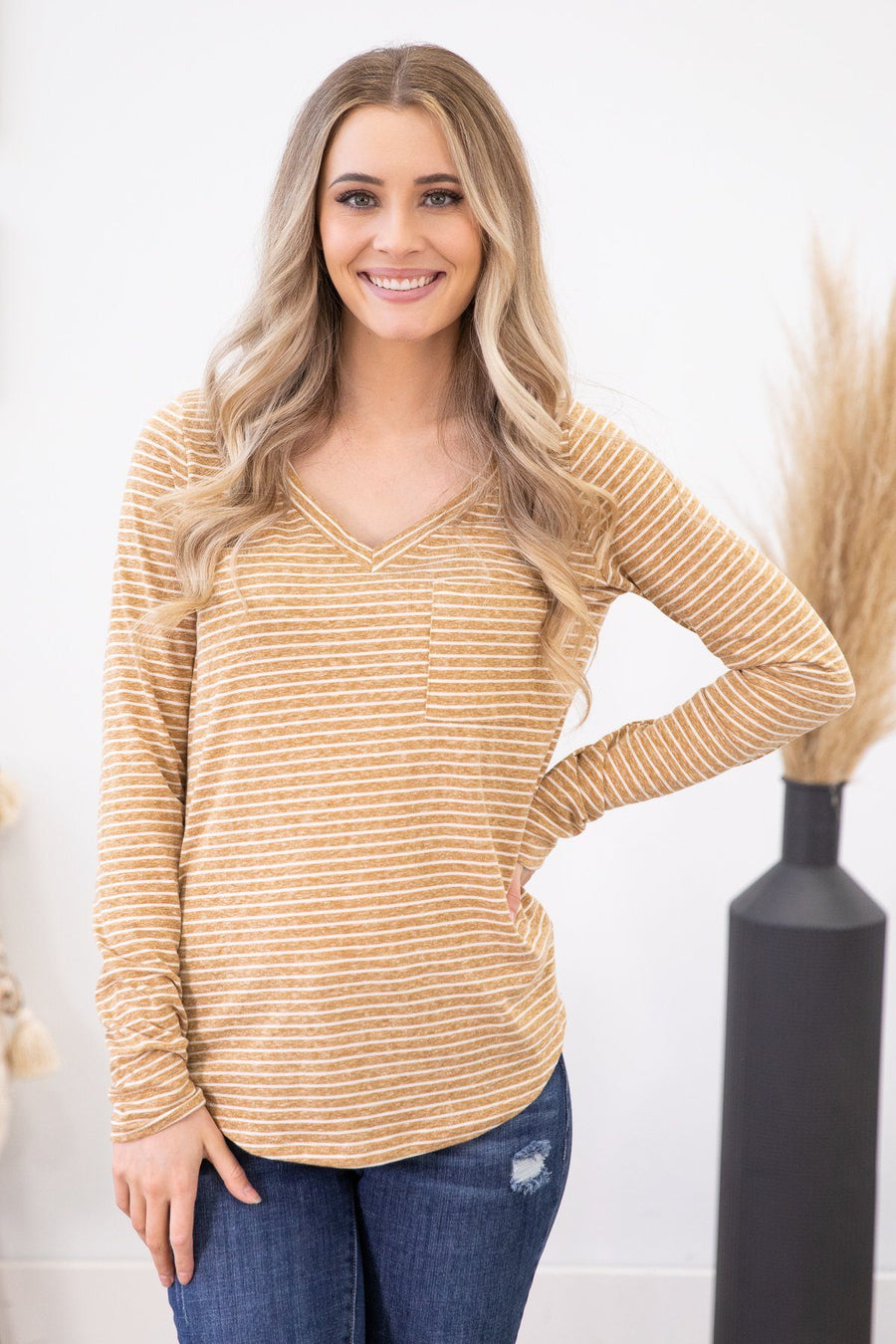 Cinnamon Stripe V-Neck Long Sleeve Top - Filly Flair