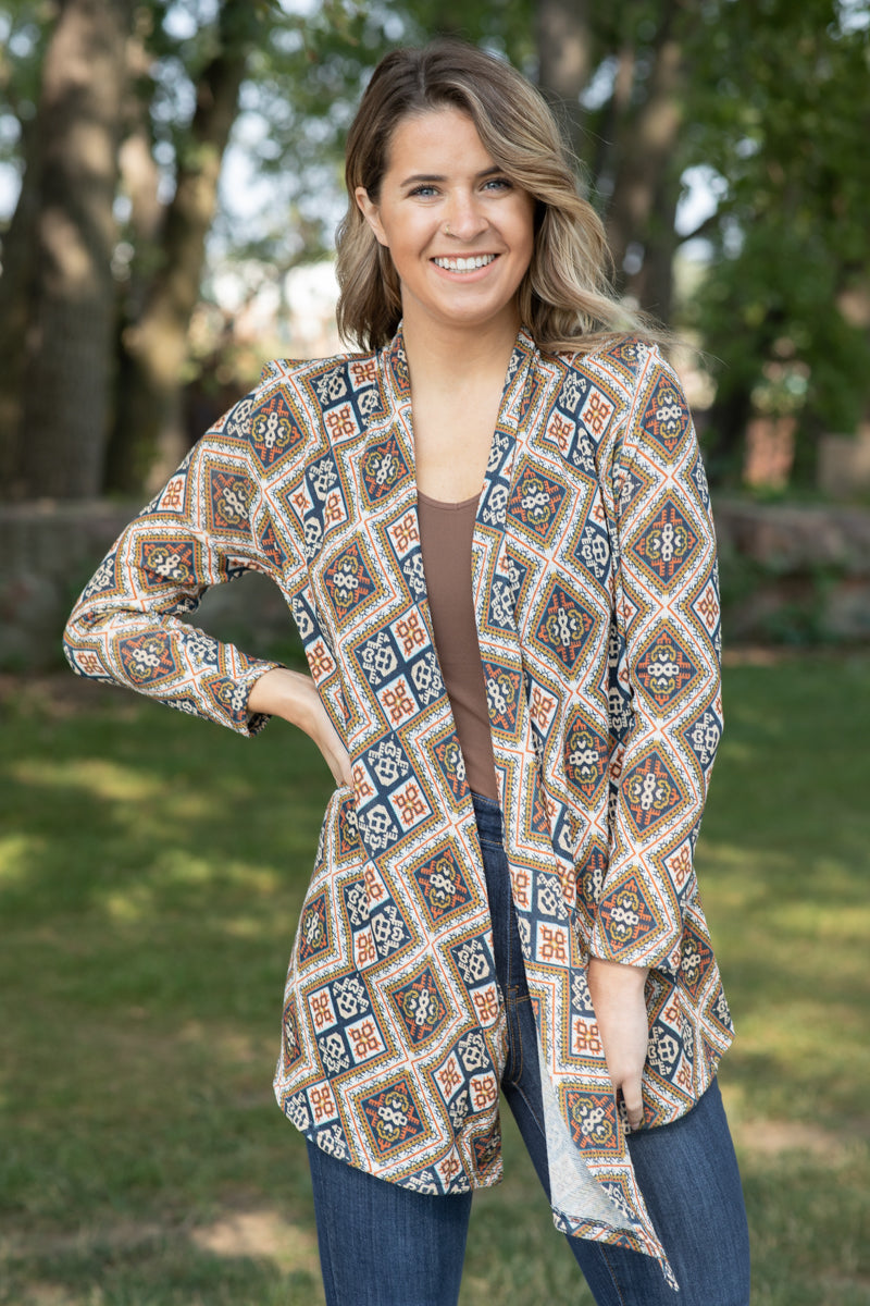 Camel and Teal Multicolor Aztec Cardigan - Filly Flair
