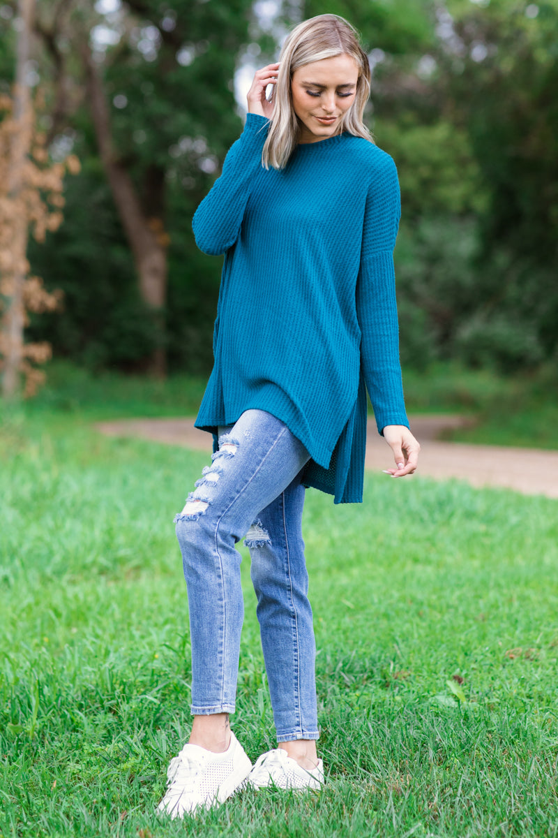 Teal Waffle Knit Top With Side Slit - Filly Flair