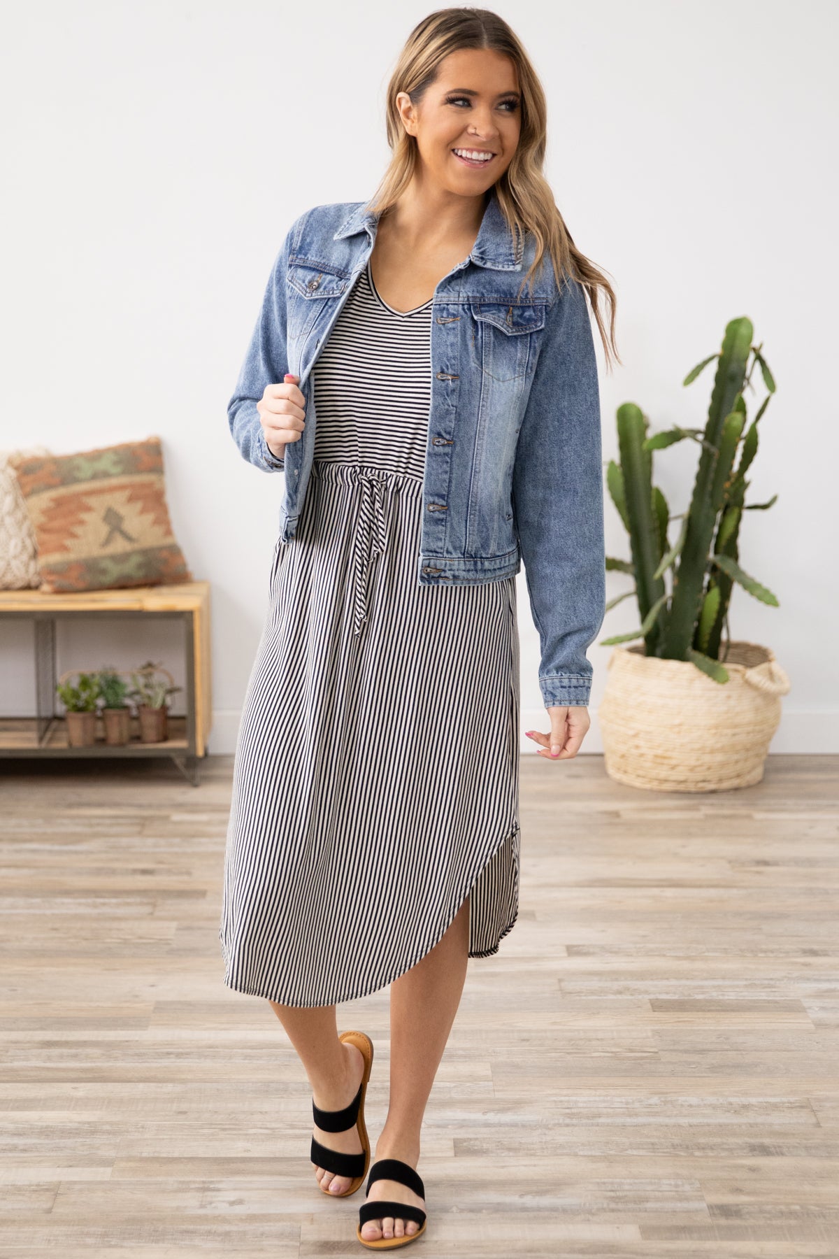 Black Stripe Drawstring Waist Midi Dress - Filly Flair