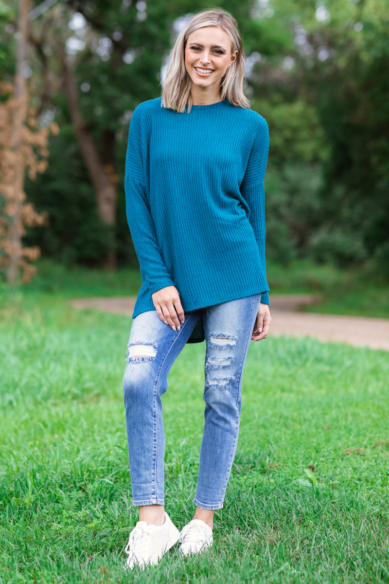 Teal Waffle Knit Top With Side Slit - Filly Flair