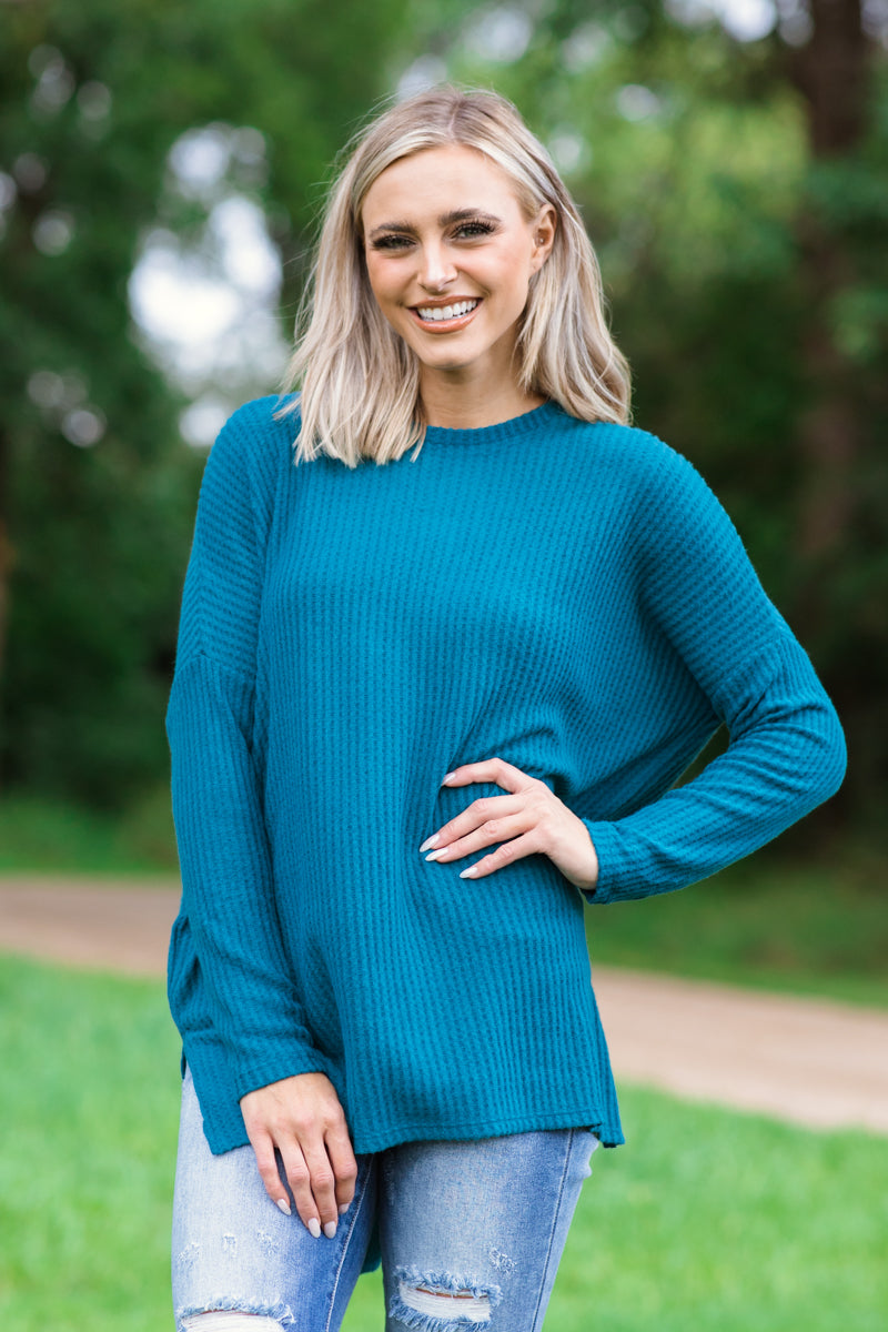 Teal Waffle Knit Top With Side Slit - Filly Flair