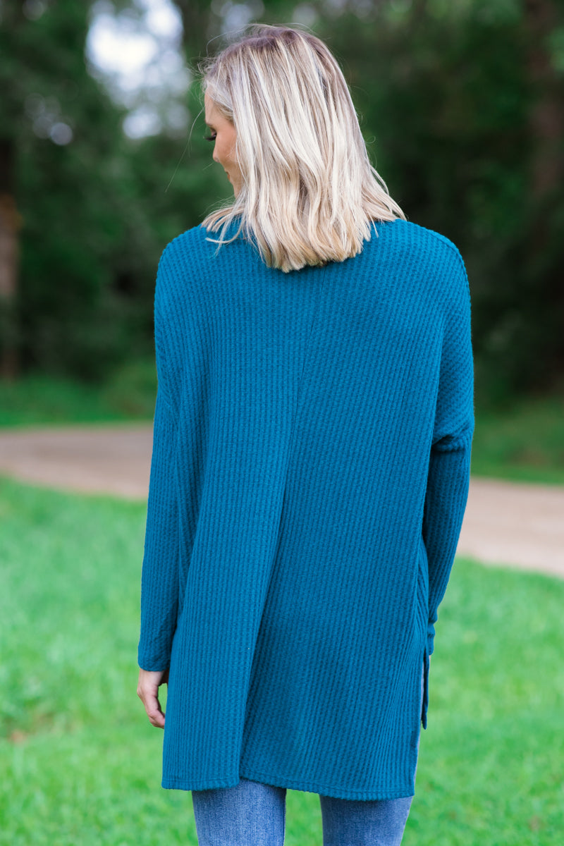 Teal Waffle Knit Top With Side Slit - Filly Flair
