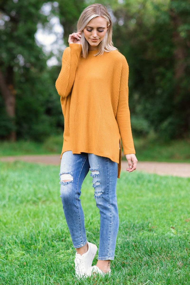 Mustard Waffle Knit Top With Side Slit - Filly Flair