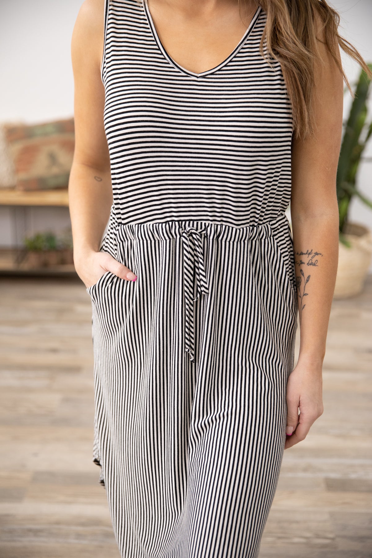 Black Stripe Drawstring Waist Midi Dress - Filly Flair