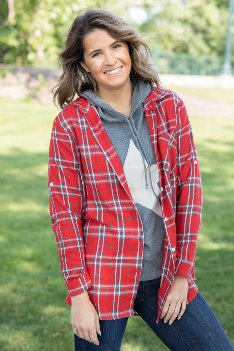 Red and White Plaid Button Up Top With Pocket - Filly Flair