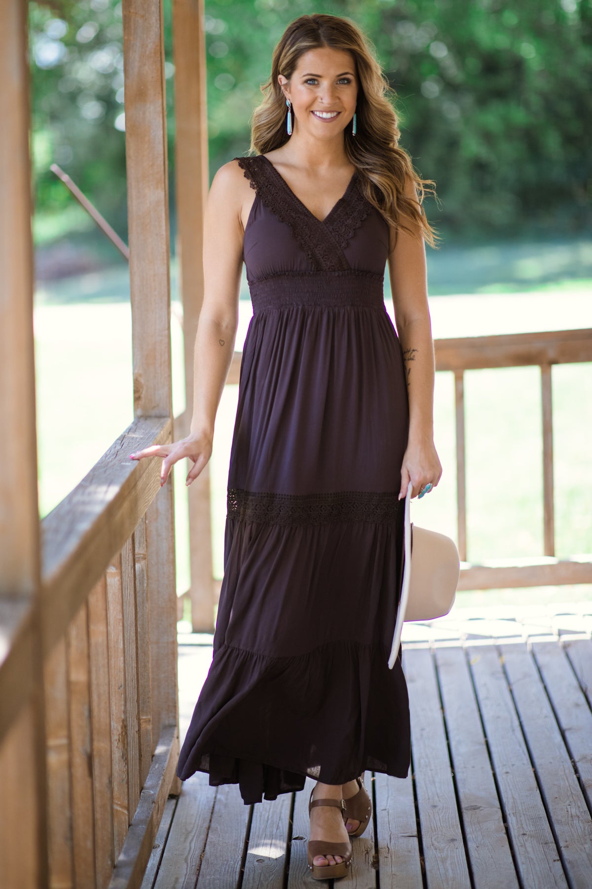 Brown Lace Trim Maxi Dress - Filly Flair