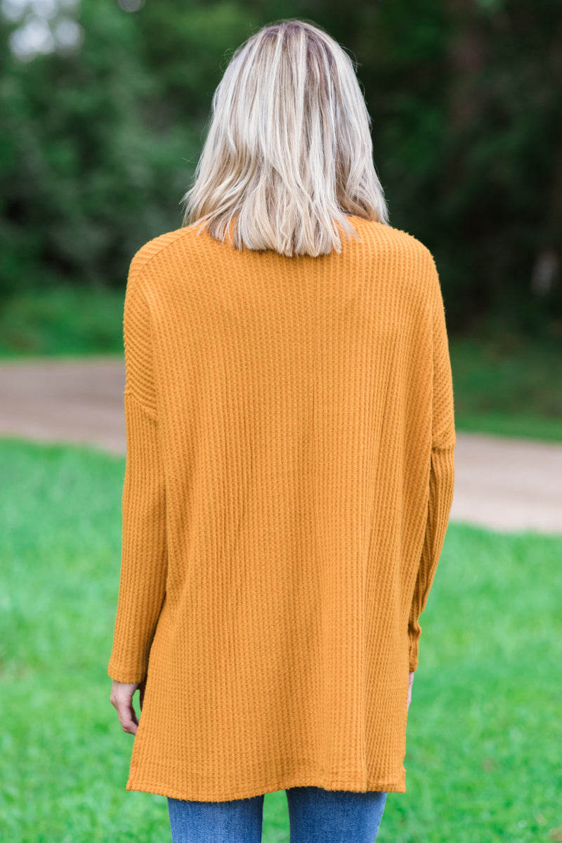 Mustard Waffle Knit Top With Side Slit - Filly Flair