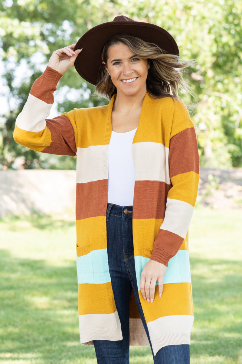 Mustard Multicolor Stripe Long Cardigan - Filly Flair