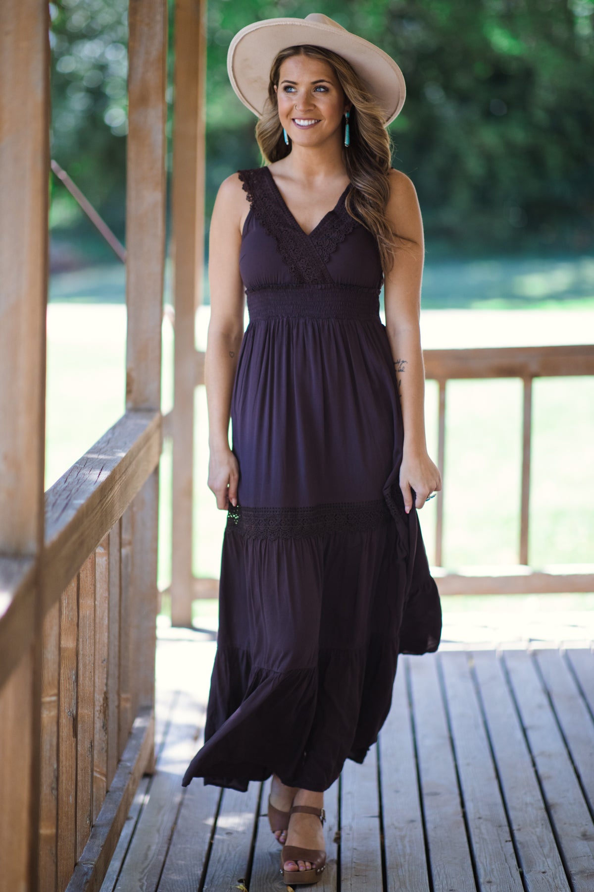 Brown Lace Trim Maxi Dress - Filly Flair