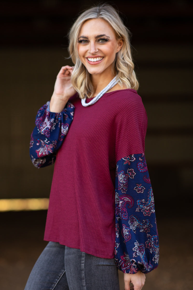 Burgundy and Navy Paisley Print Sleeve Top - Filly Flair