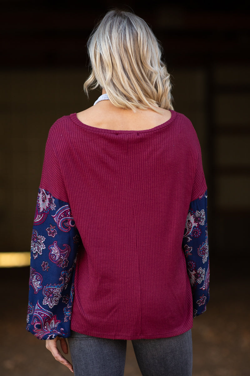 Burgundy and Navy Paisley Print Sleeve Top - Filly Flair