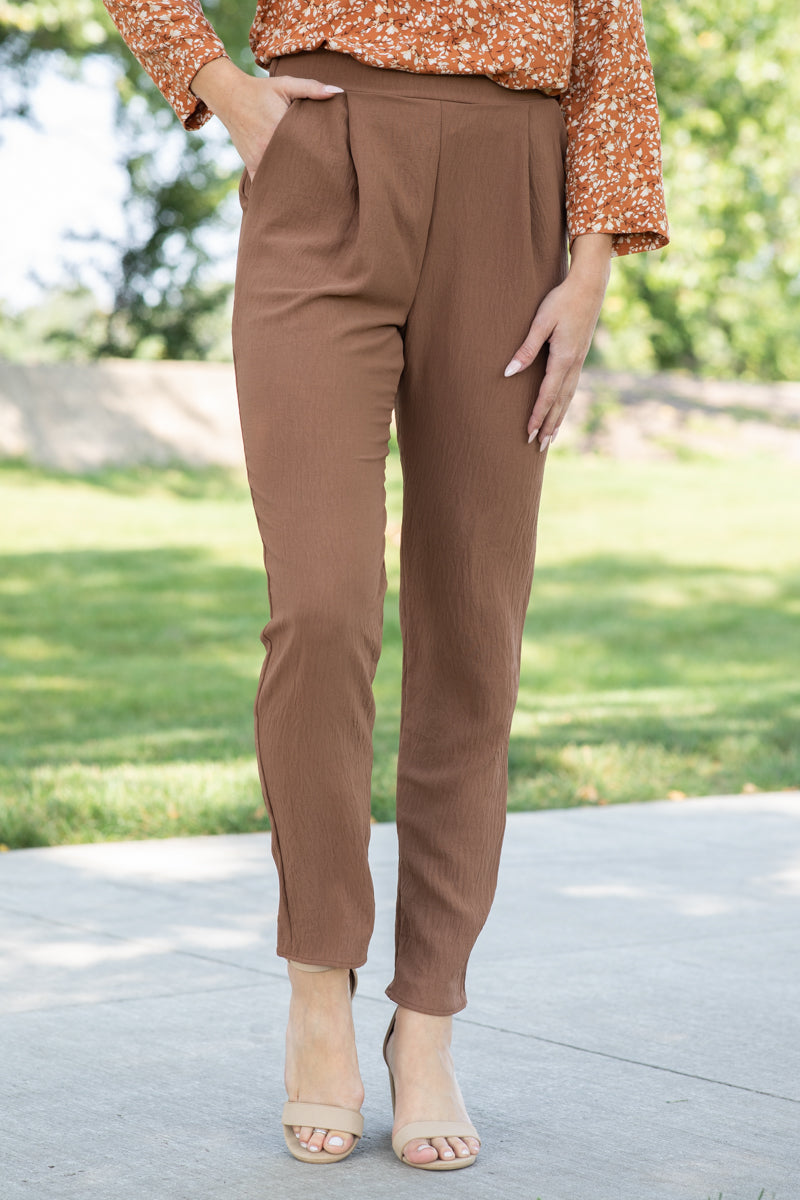 Mocha Pull On Pants With Front Pleats - Filly Flair