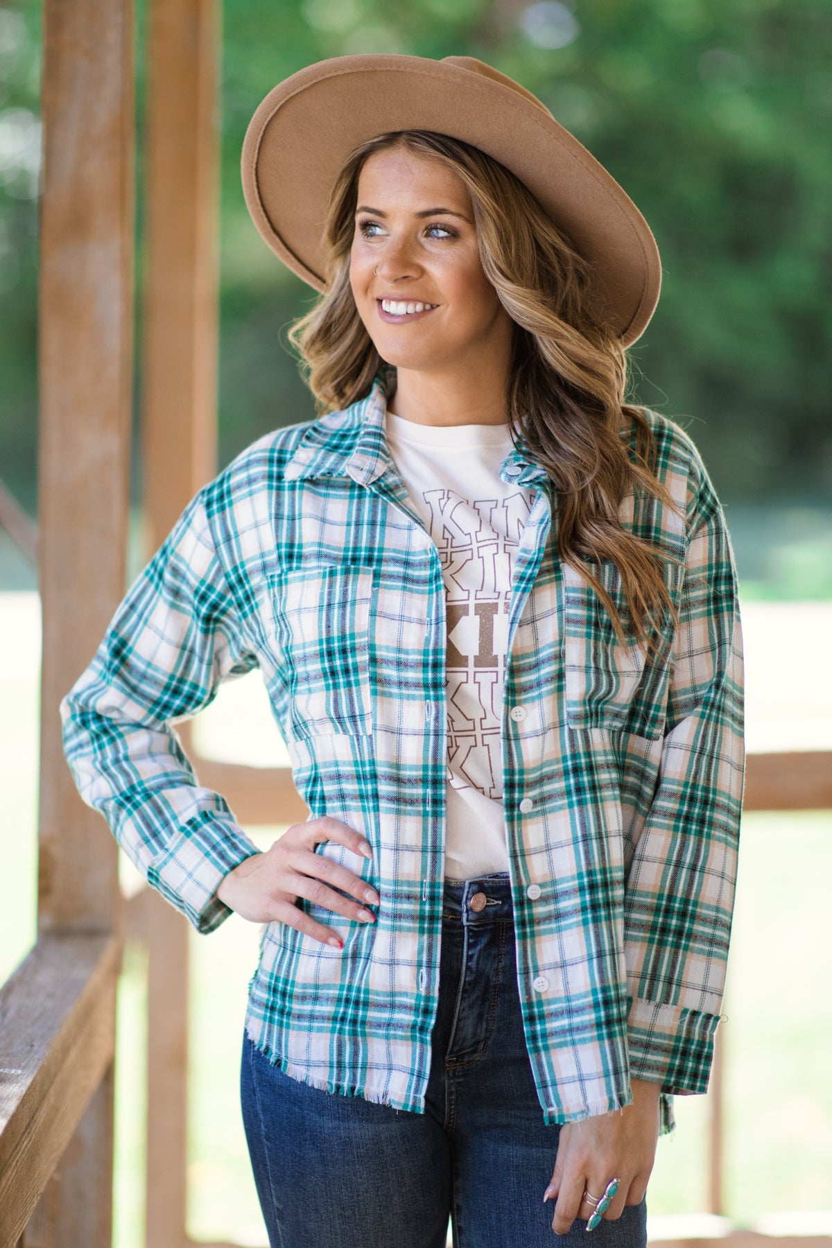 Jade and Beige Plaid Button Up Top - Filly Flair