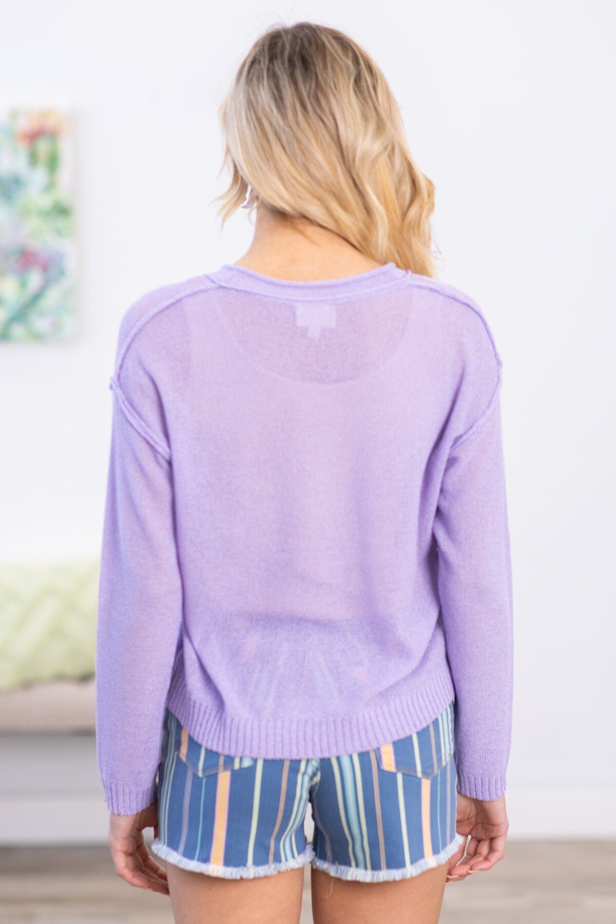 Lavender Raw Edge Drop Shoulder Henley Sweater - Filly Flair