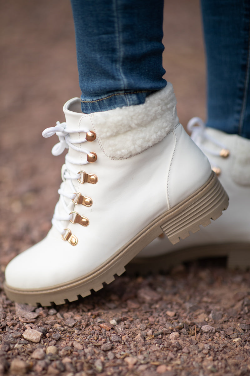 White Sherpa Trim Lug Sole Boots - Filly Flair