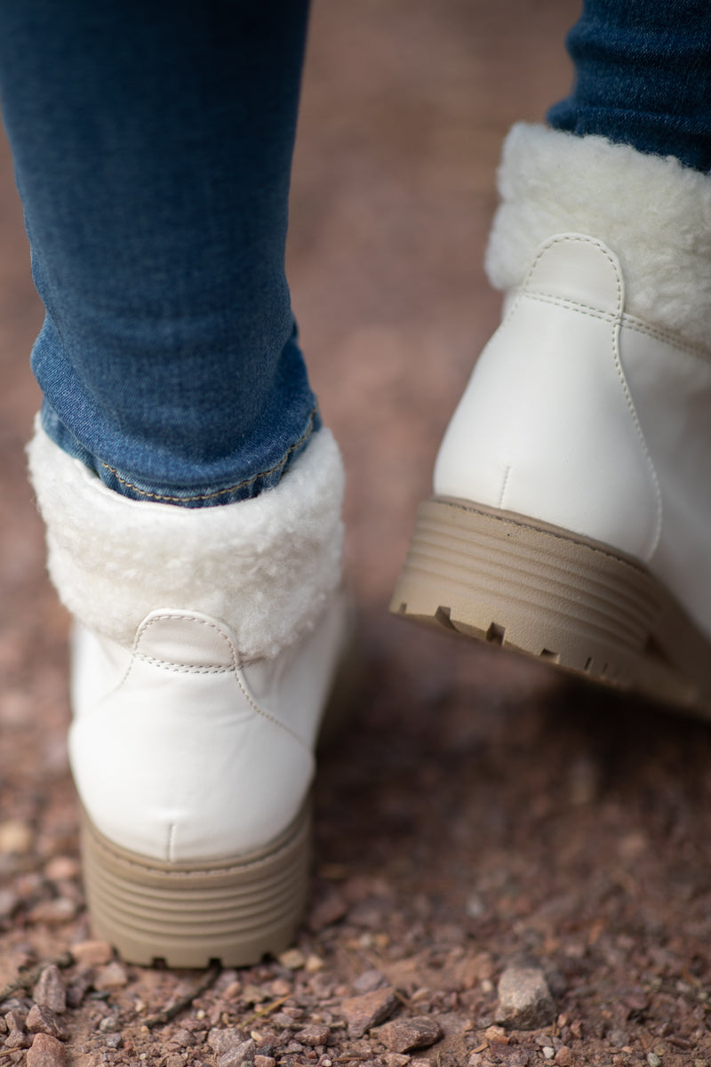 White Sherpa Trim Lug Sole Boots - Filly Flair